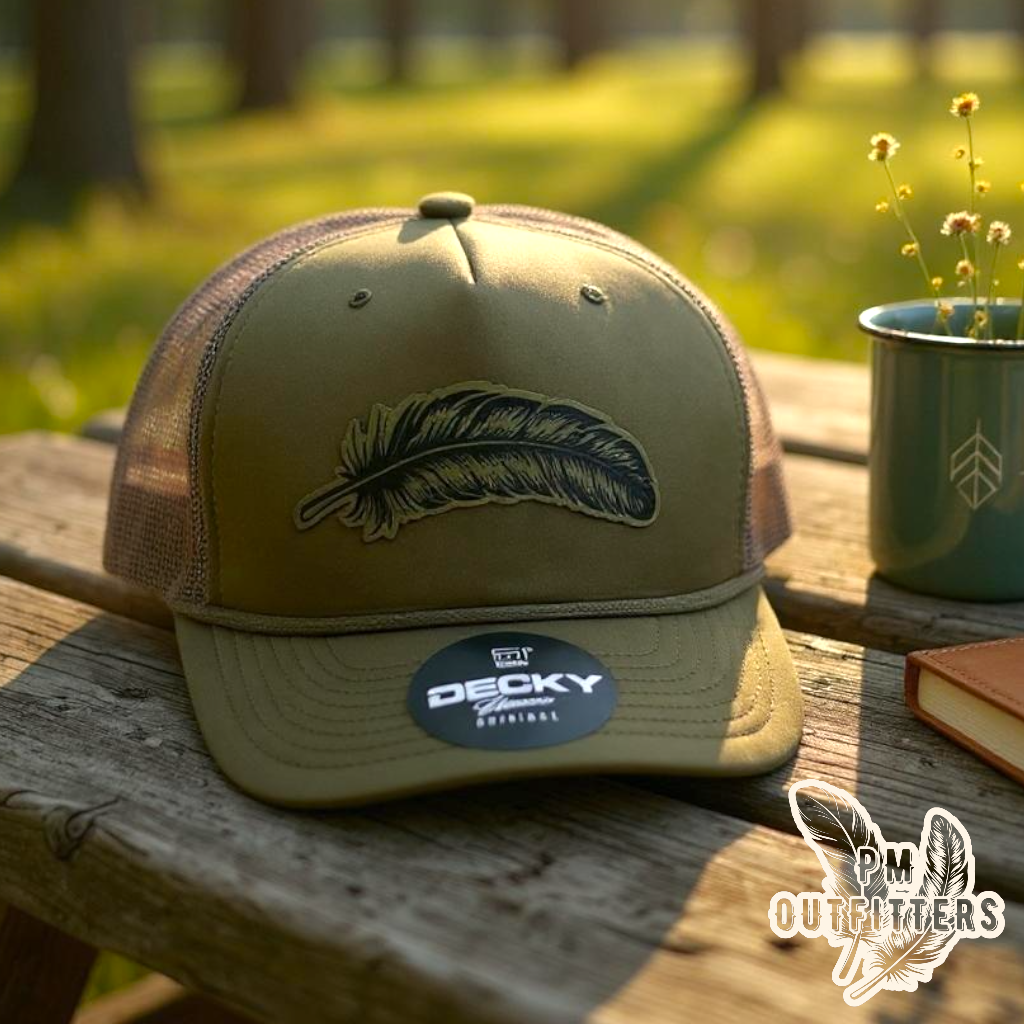 PM Outfitters Signature Feather laser-engraved leatherette patch trucker hat