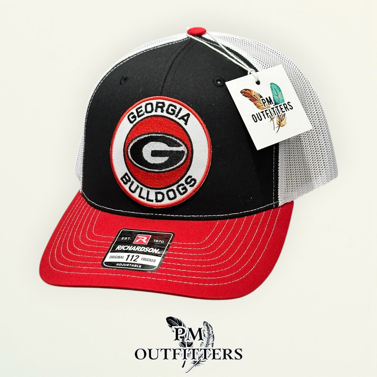 PM Outfitters Georgia Bulldogs circular logo embroidered patch Richardson 112 black white red trucker hat