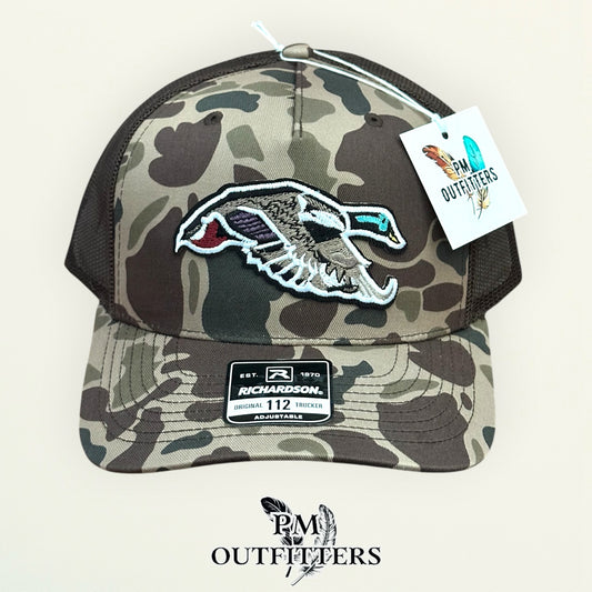 Mallard duck patch detail die-cut embroidered trucker hat Bark Duck camo