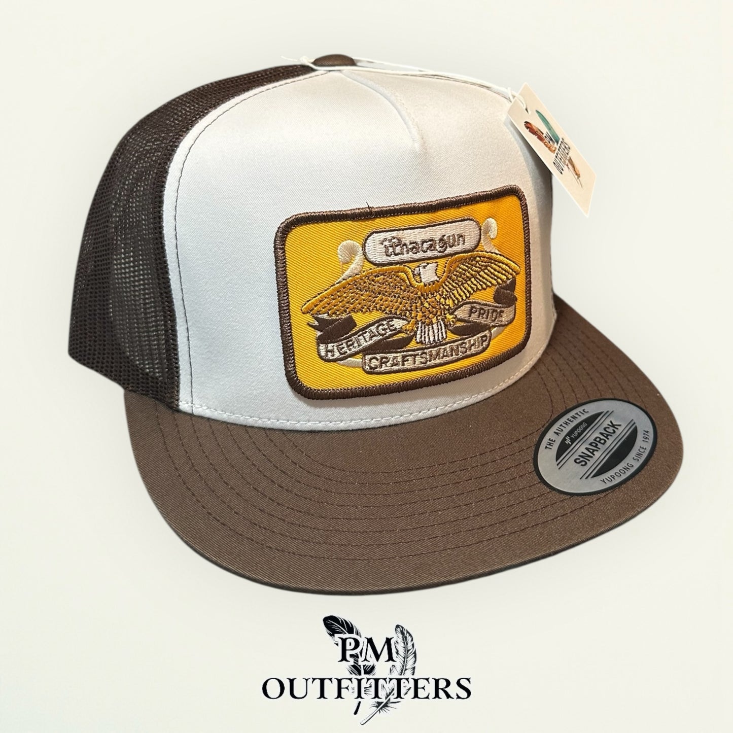 Ithaca Gun Company Trucker Hat — PM Outfitters Heritage Patch | Yupoong Flat Bill White Brown Firearms Heritage