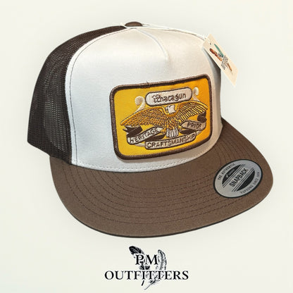 Ithaca Gun Company Trucker Hat — PM Outfitters Heritage Patch | Yupoong Flat Bill White Brown Firearms Heritage