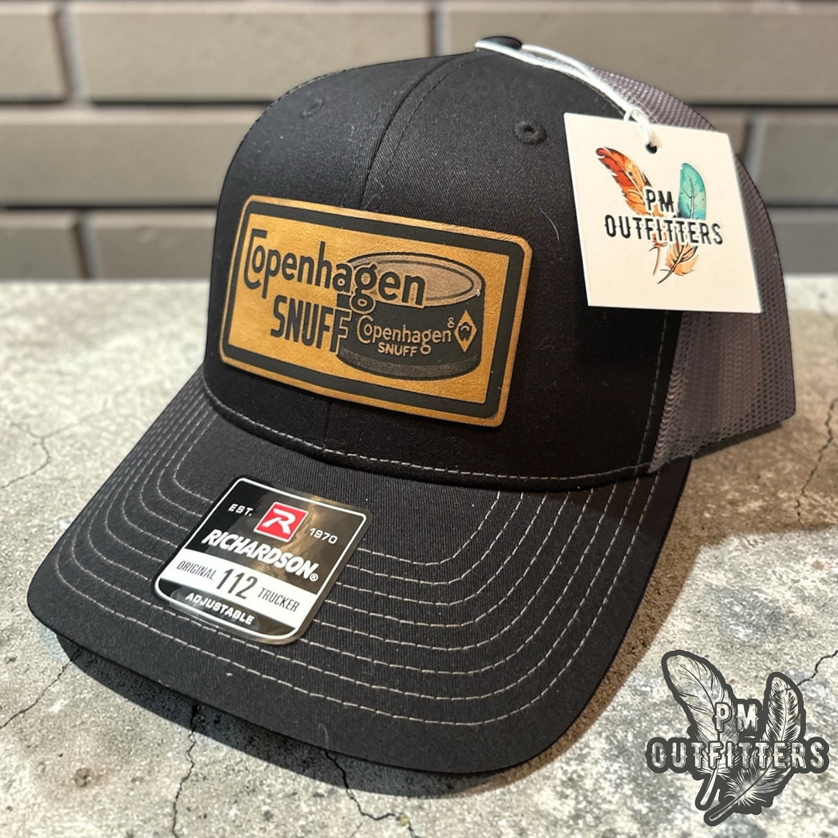 PM Outfitters Copenhagen Snuff trucker hat black charcoal Richardson 112 vegan leather patch