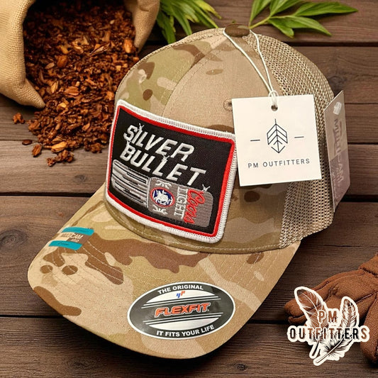Vintage Coors Light Silver Bullet Embroidered Patch on FlexFit Camo Trucker Hat