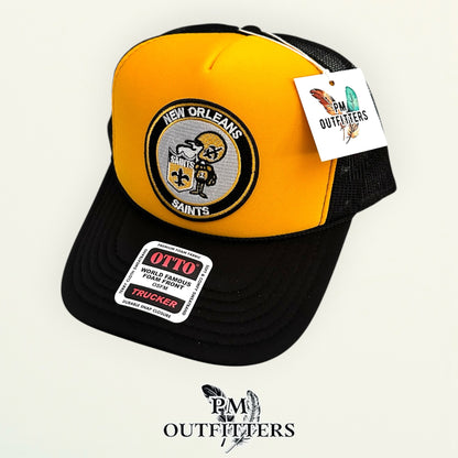 PM Outfitters New Orleans Saints Sir Saint retro embroidered patch Otto foam front rope gold black trucker hat