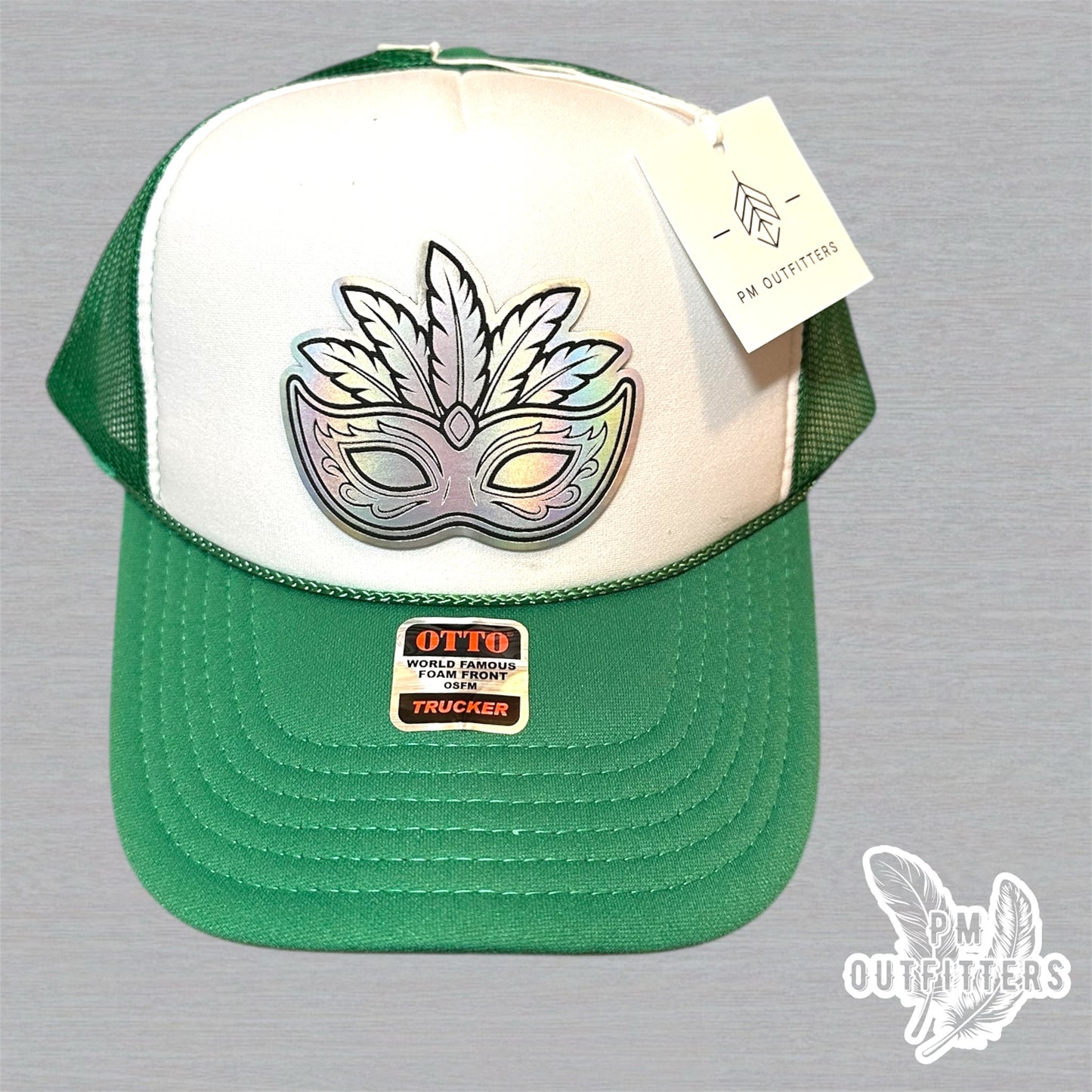 Mardi Gras Holographic Mask Trucker Hat - Green & White Otto Foam Front