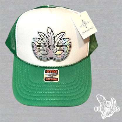 Mardi Gras Holographic Mask Trucker Hat - Green & White Otto Foam Front