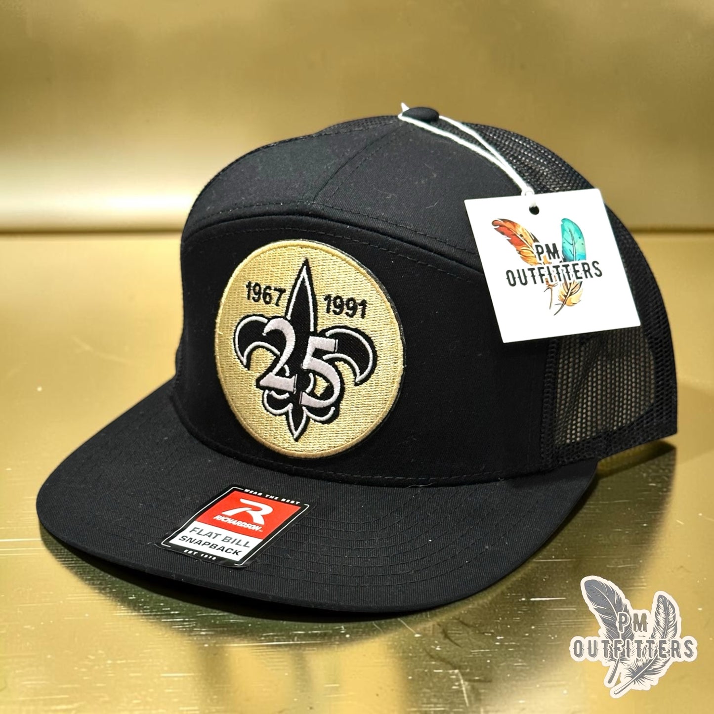New Orleans Saints 25th Anniversary Flat Bill Hat | PM Outfitters Richardson 168 All Black | Who Dat Fan Gear