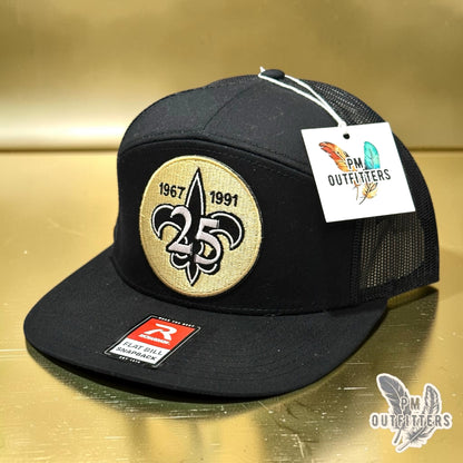 New Orleans Saints 25th Anniversary Flat Bill Hat | PM Outfitters Richardson 168 All Black | Who Dat Fan Gear