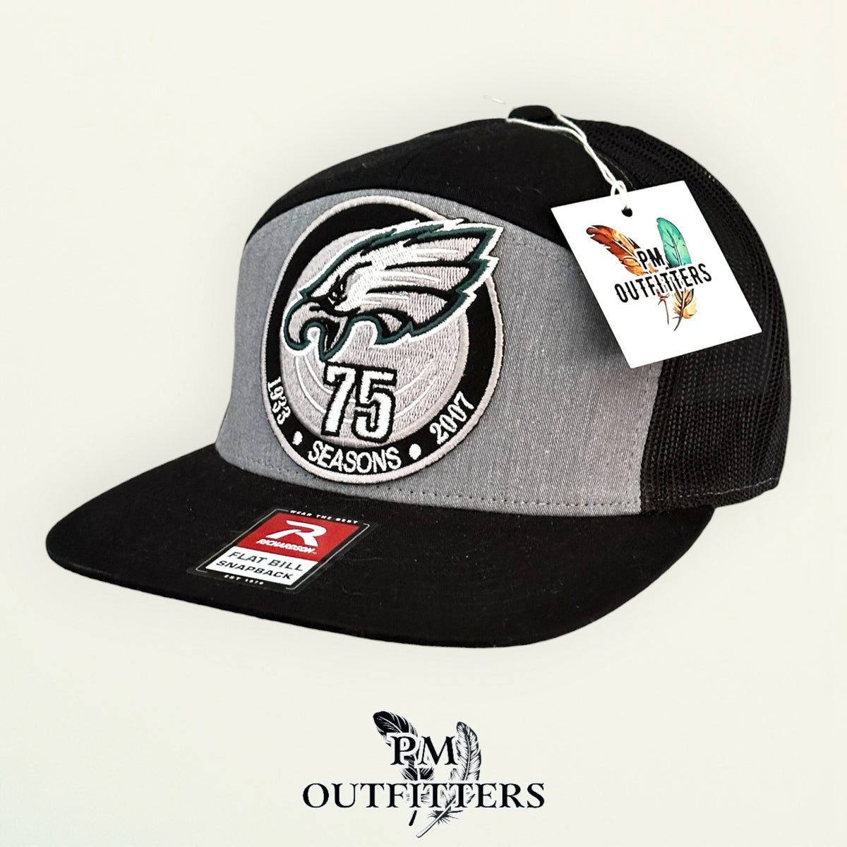 PM Outfitters Philadelphia Eagles 75th Anniversary embroidered patch Richardson 168 black gray trucker hat