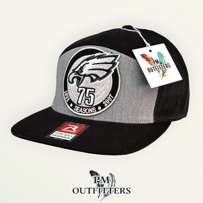 PM Outfitters Philadelphia Eagles 75th Anniversary embroidered patch Richardson 168 black gray trucker hat