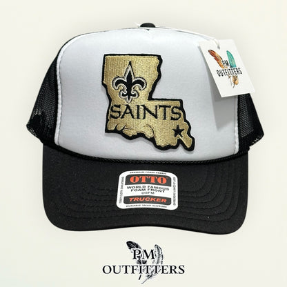 PM Outfitters New Orleans Saints Louisiana state outline embroidered patch Otto foam front rope white black trucker hat