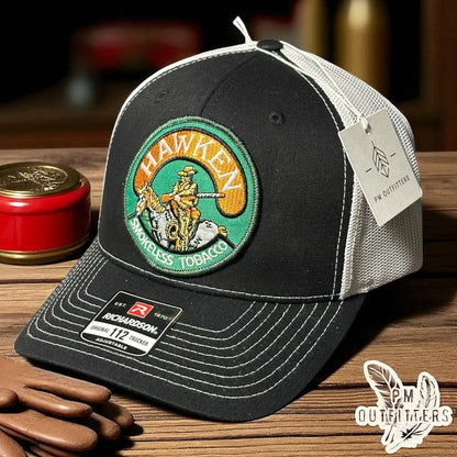 Hawken Smokeless Tobacco Embroidered Patch Black & White Richardson 112 Trucker Hat