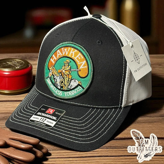 Hawken Smokeless Tobacco Embroidered Patch Black & White Richardson 112 Trucker Hat