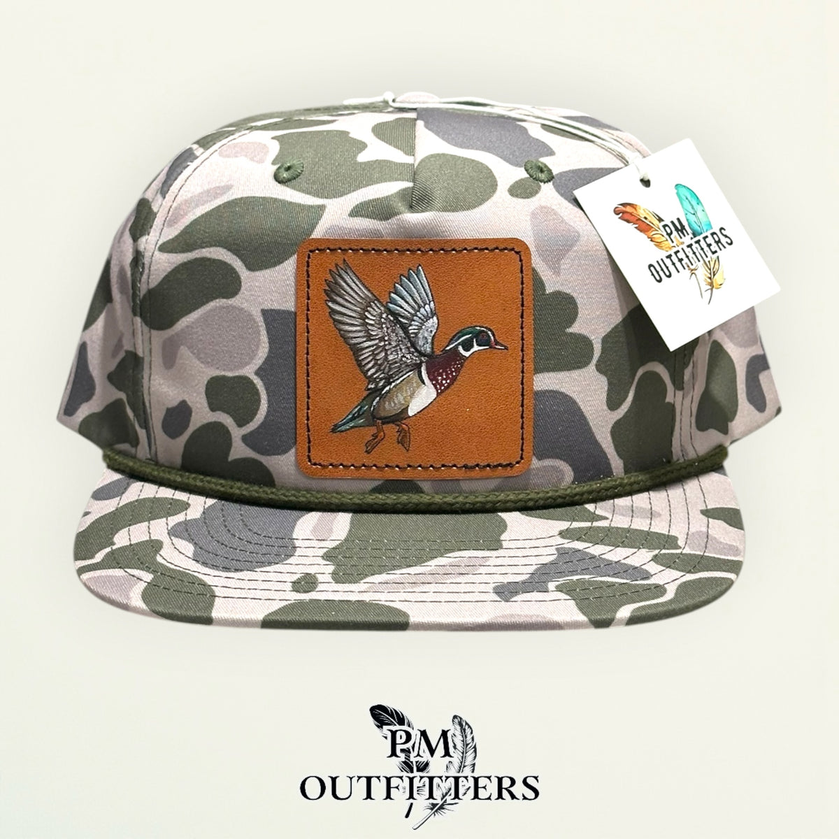 Hand-painted Wood Duck patch on a marsh duck camo Richardson 256P rope trucker hat, PM Outfitters True Originals