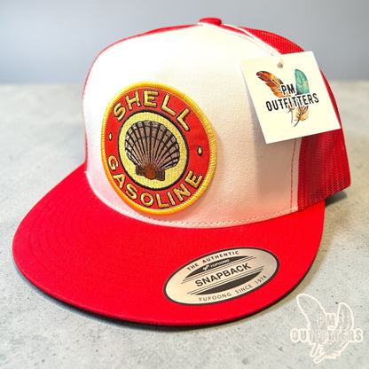 Shell Gasoline Trucker Hat — PM Outfitters Retro Patch | Yupoong Flat Bill White Red Petroleum Heritage