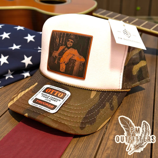 Hank Williams Jr. Leatherette Patch Hat – White & Camo OTTO Foam-Front Rope Trucker | Handcrafted by PM Outfitters