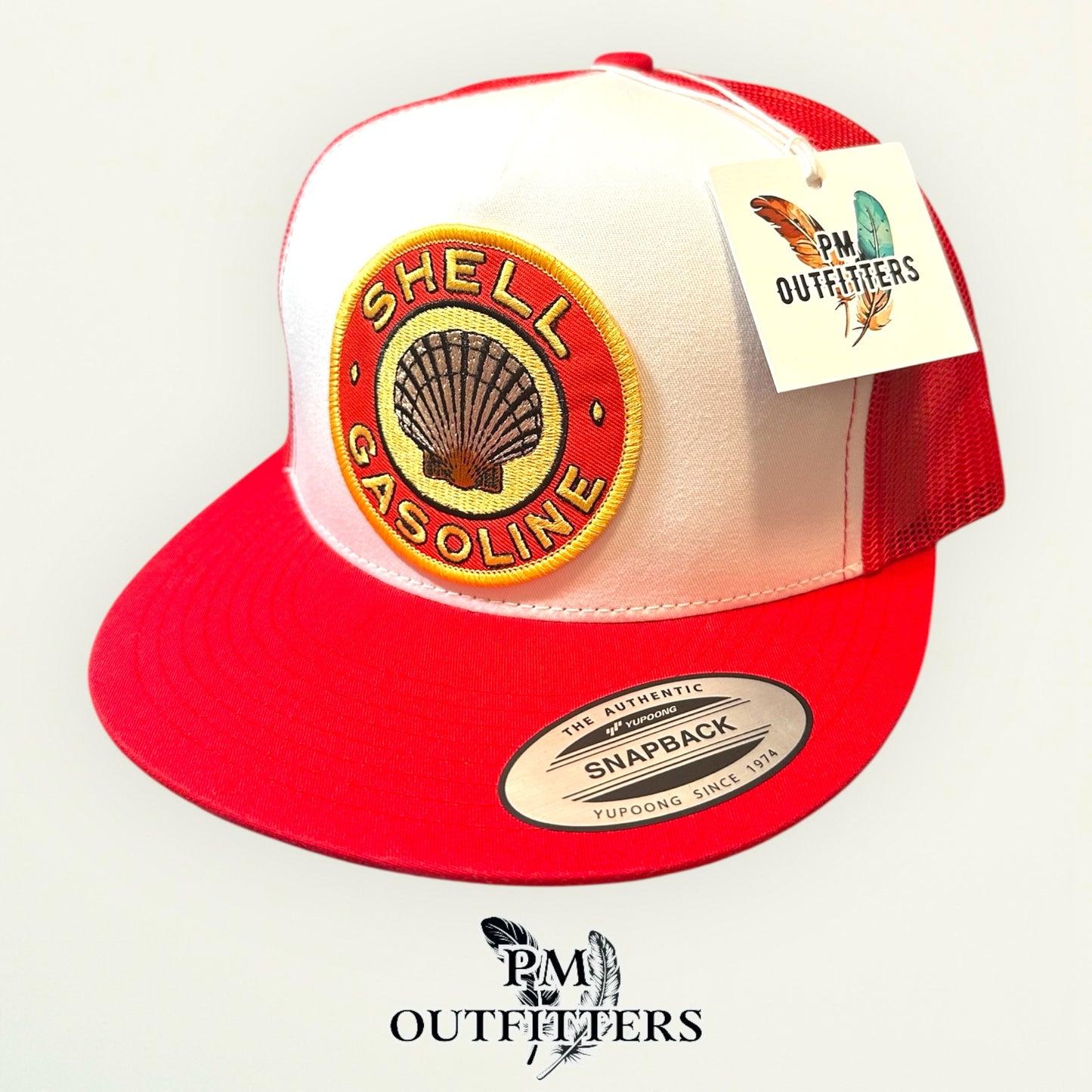 Shell Gasoline Trucker Hat — PM Outfitters Retro Patch | Yupoong Flat Bill White Red Petroleum Heritage