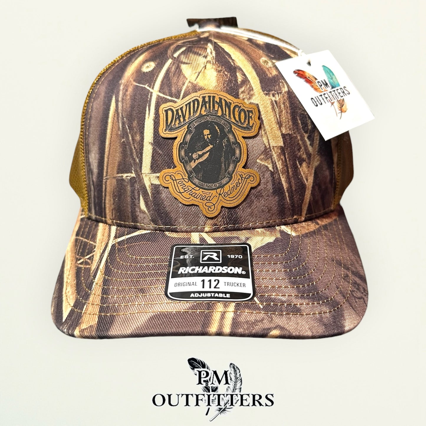 David Allan Coe Longhaired Redneck Tribute Hat — Laser Engraved Vegan Leather Patch | Richardson 112 Realtree Max-7 Camo | PM Outfitters