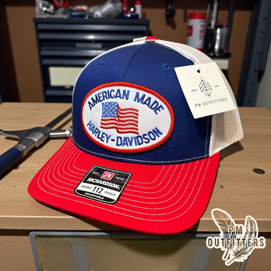American Made Harley-Davidson Trucker Hat - Red, Blue & White Richardson 112