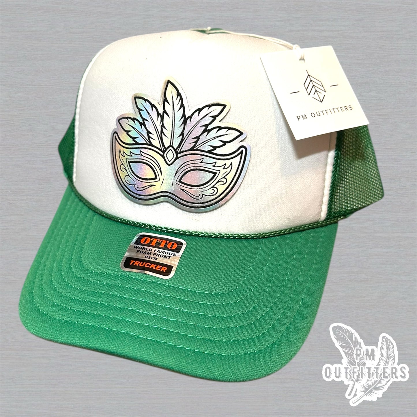 Mardi Gras Holographic Mask Trucker Hat - Green & White Otto Foam Front