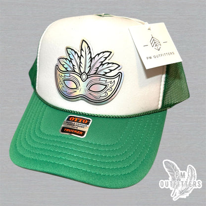 Mardi Gras Holographic Mask Trucker Hat - Green & White Otto Foam Front