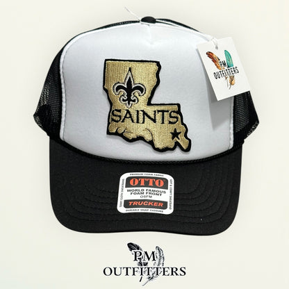 PM Outfitters New Orleans Saints Louisiana state outline embroidered patch Otto foam front rope white black trucker hat
