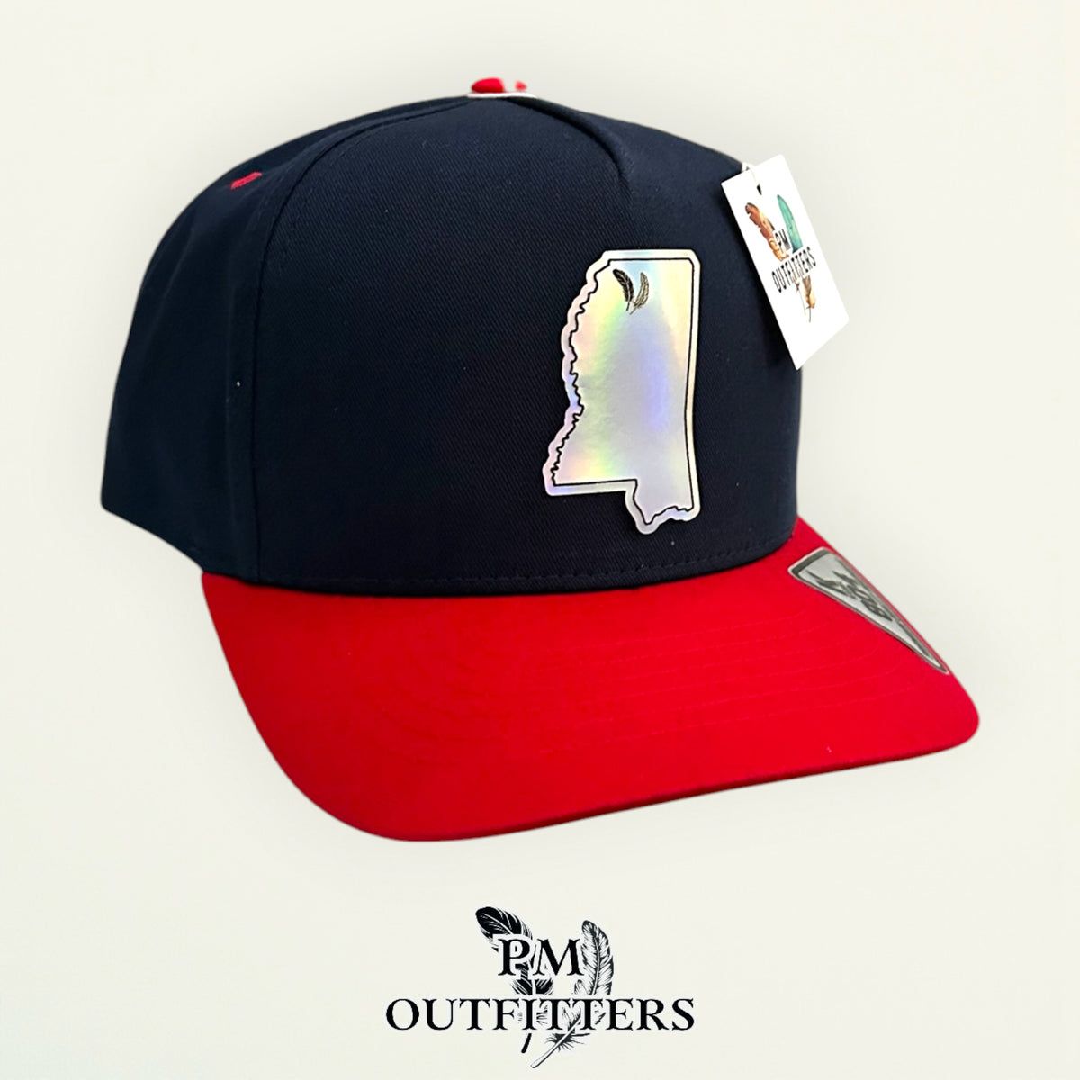PM Outfitters Ole Miss Tailgate Season holographic vegan leather Mississippi state outline patch trucker hat Oxford two-feather logo navy red