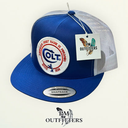 Colt Firearms Hat | Yupoong 6006 Blue & White Flatbill | Since 1836