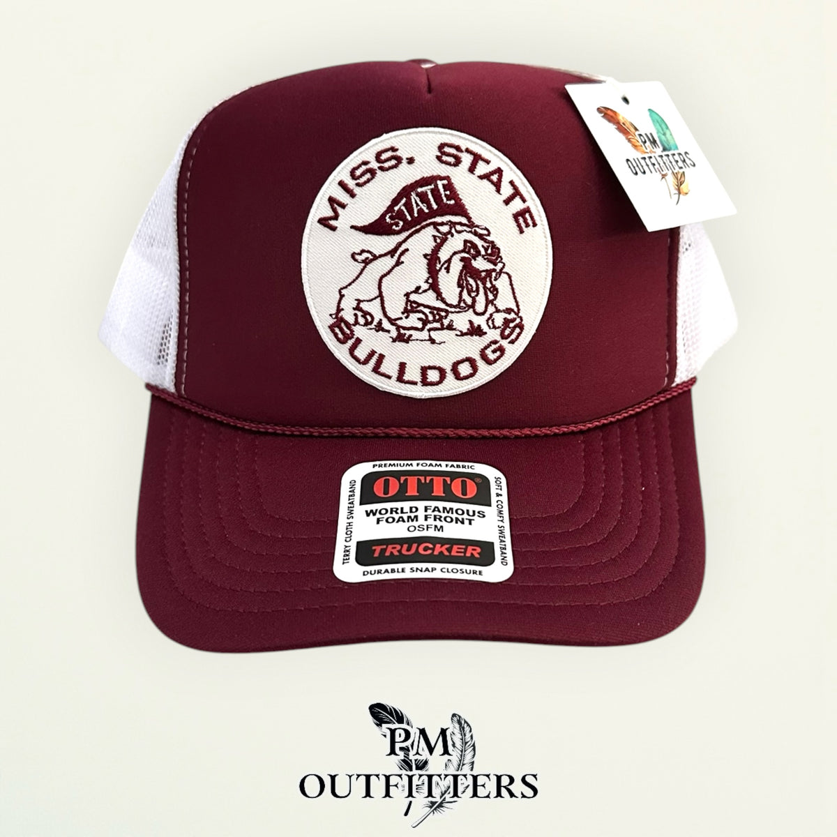 PM Outfitters Mississippi State Bulldogs retro circular patch Otto foam front rope maroon white trucker hat