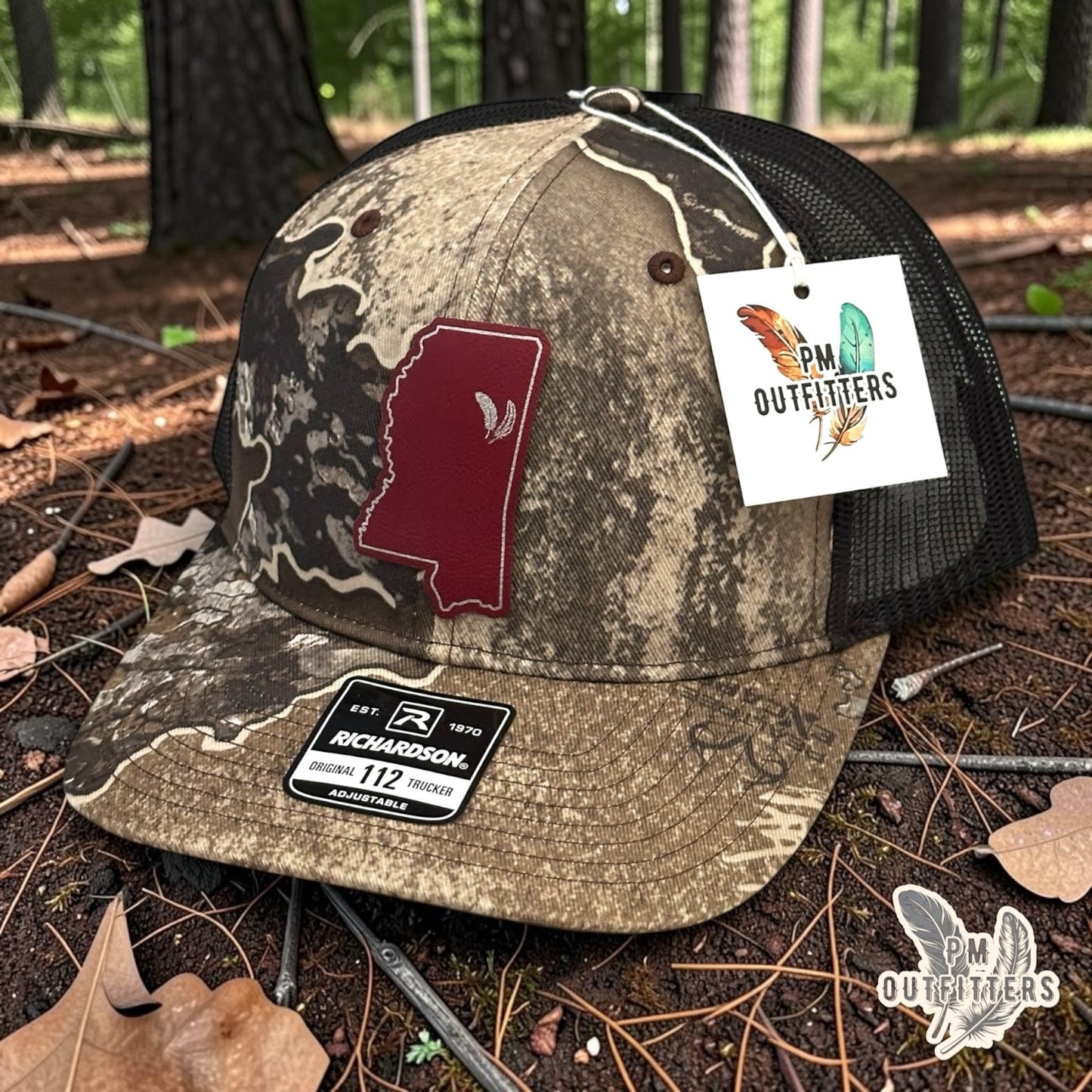 PM Outfitters Mississippi State Tailgate Season maroon vegan leather patch Richardson 112 Realtree Excape camo trucker hat