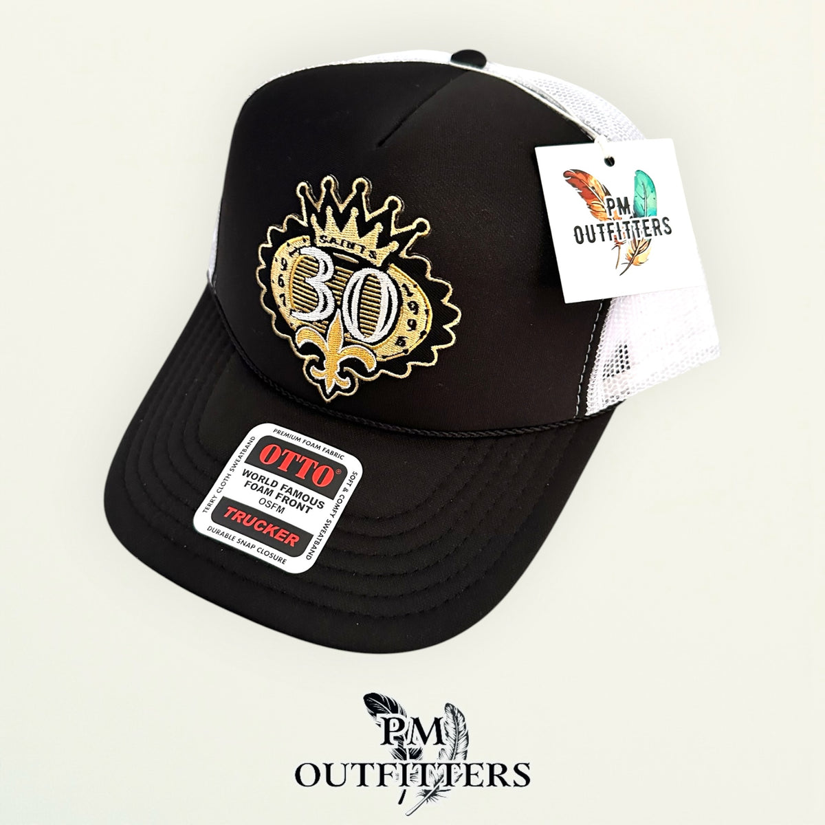 PM Outfitters New Orleans Saints 30th Anniversary embroidered patch Otto foam front rope black white trucker hat