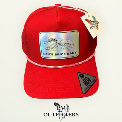 Spice Spice Baby Crawfish Hat | PM Outfitters Exclusive Holographic Laser Patch | Dallas 804 Red Waterproof Rope Hat