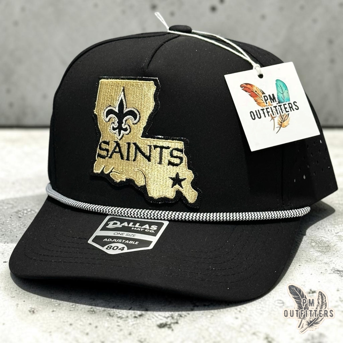 PM Outfitters New Orleans Saints Louisiana logo hat black Dallas 804 performance rope embroidered patch