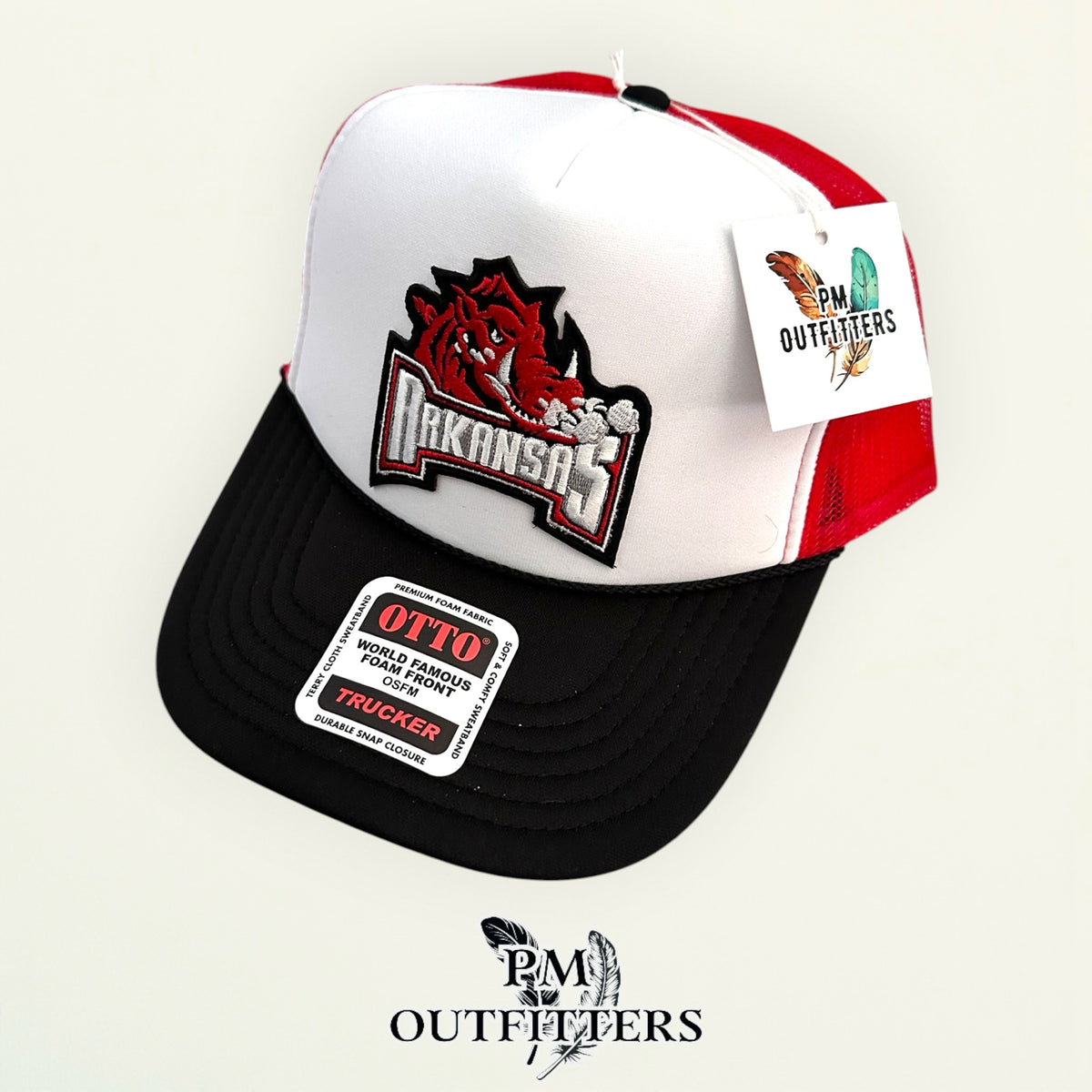 PM Outfitters Arkansas Razorbacks retro wordmark patch Otto foam front rope red black white trucker hat
