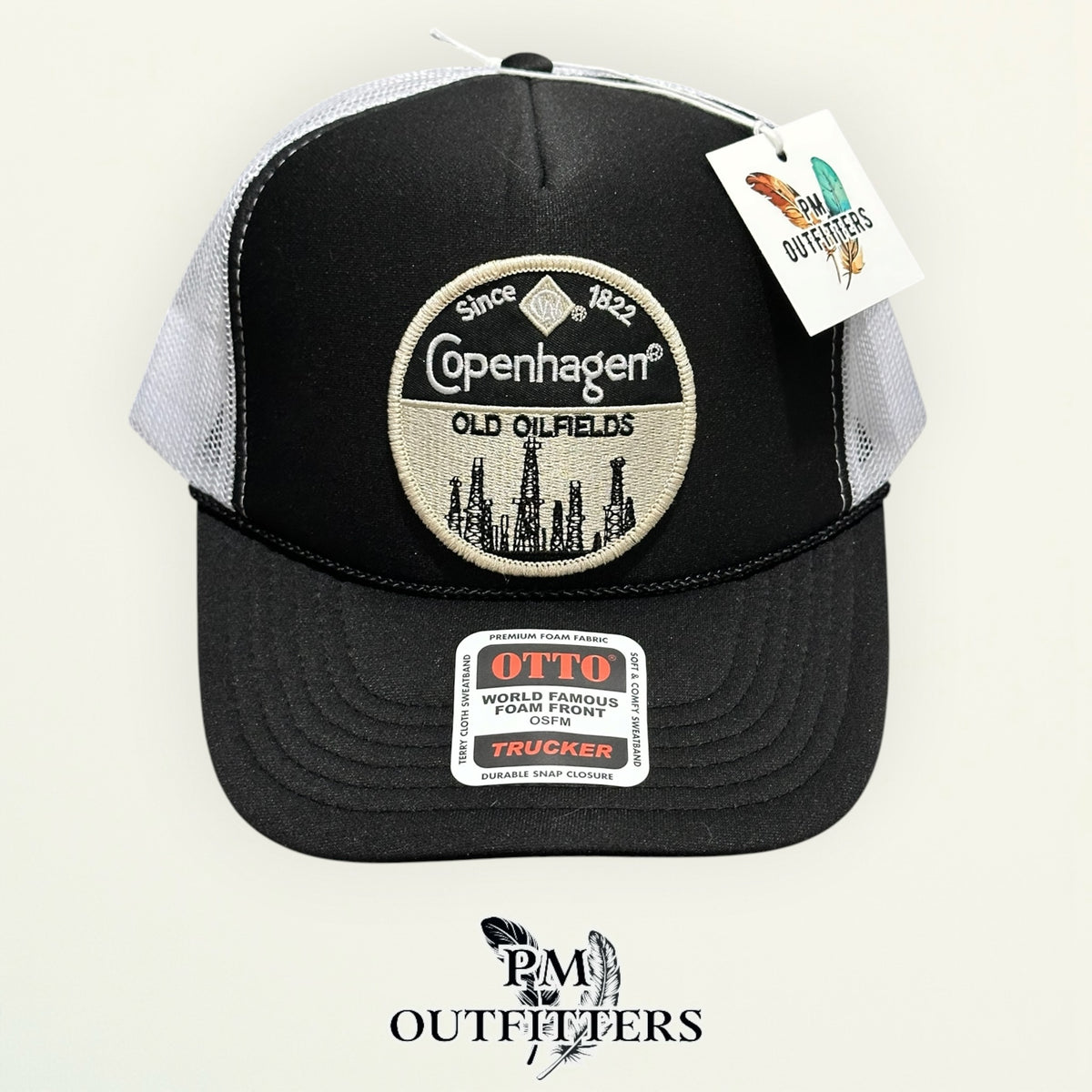 Copenhagen Old Oilfields patch detail oil derricks embroidered trucker hat