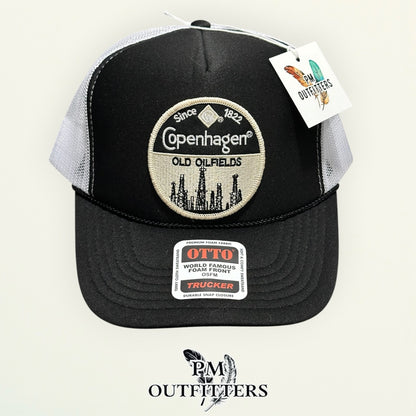Copenhagen Old Oilfields patch detail oil derricks embroidered trucker hat