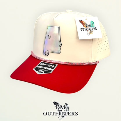 PM Outfitters Alabama Tailgate Season holographic vegan leather Alabama state outline patch trucker hat Tuscaloosa two-feather logo red white