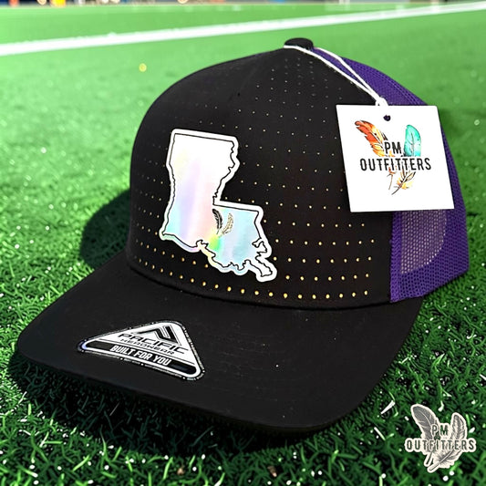 PM Outfitters LSU Tailgate Season holographic vegan leather Louisiana state outline patch trucker hat Baton Rouge two-feather logo purple gold