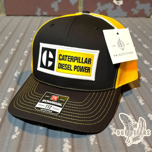Caterpillar Diesel Power Trucker Hat - PM Outfitters Retro Patch | Richardson 112 Black Yellow CAT