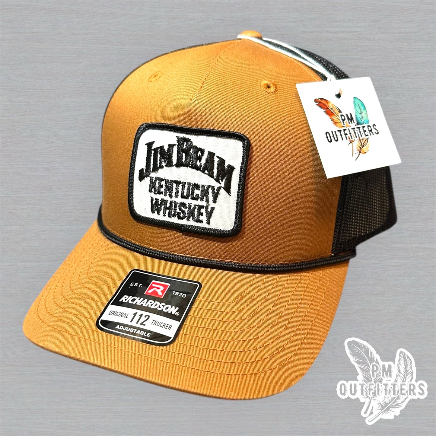 Vintage Jim Beam Kentucky Whiskey Patch Trucker Hat - Richardson 112 Caramel Black Rope