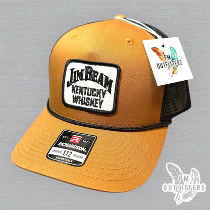 Vintage Jim Beam Kentucky Whiskey Patch Trucker Hat - Richardson 112 Caramel Black Rope