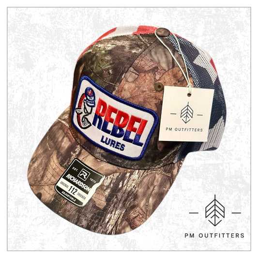 Rebel Lures Patch on Camo & American Flag Trucker Hat