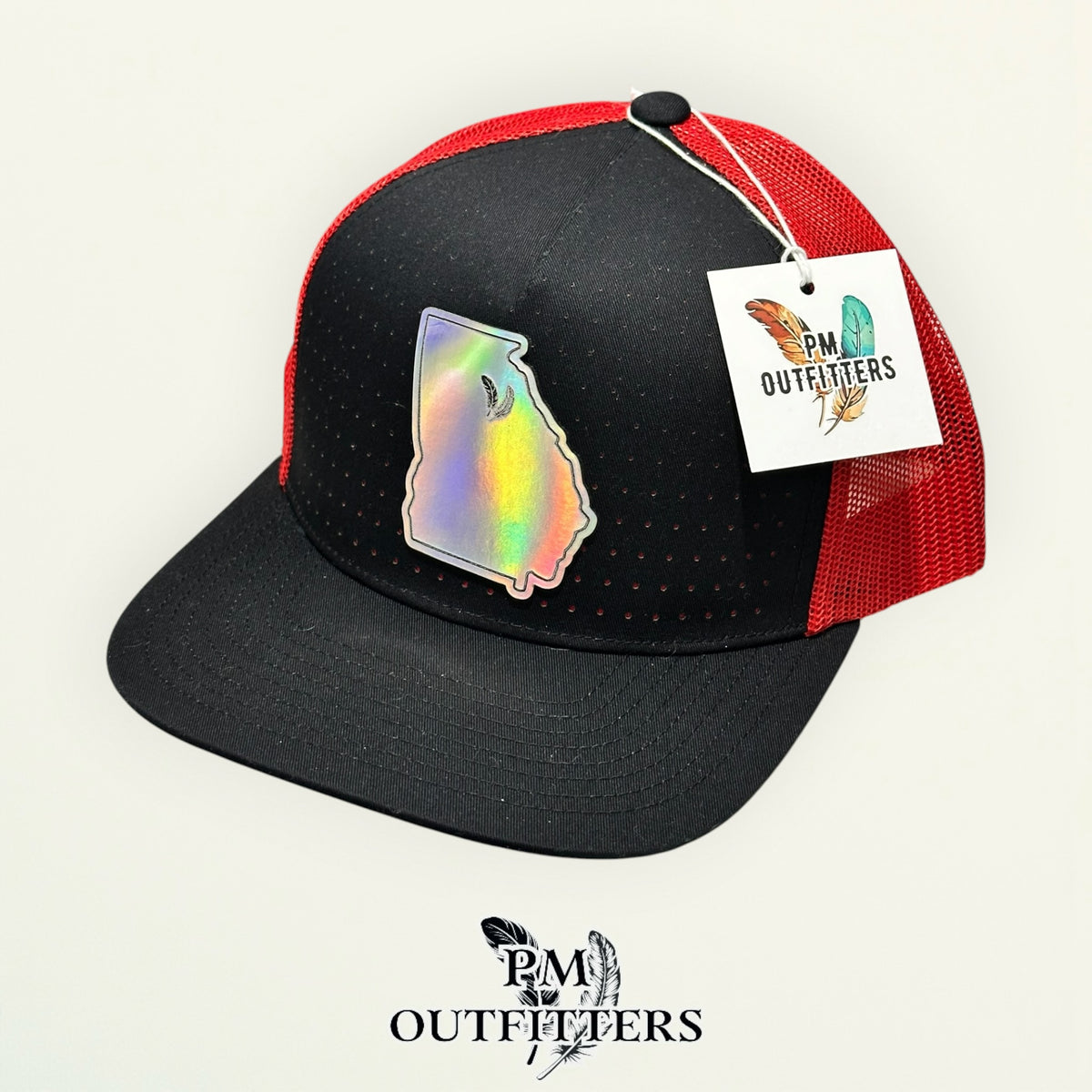 PM Outfitters Georgia Bulldogs holographic vegan leather state outline patch Pacific Headwear 105P black red trucker hat