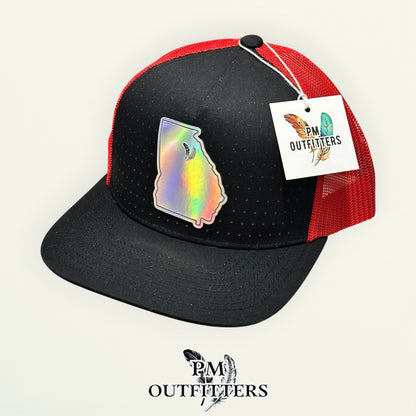 PM Outfitters Georgia Bulldogs holographic vegan leather state outline patch Pacific Headwear 105P black red trucker hat