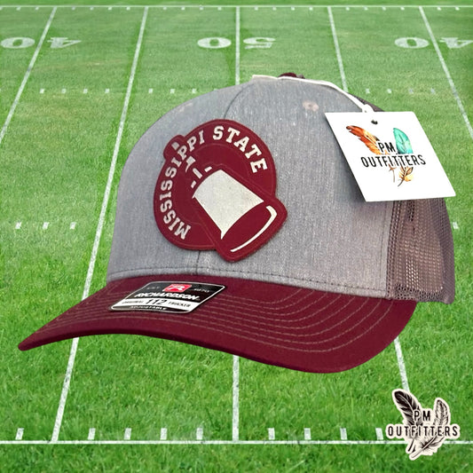PM Outfitters Mississippi State cowbell laser engraved maroon vegan leather patch Richardson 112 gray maroon trucker hat