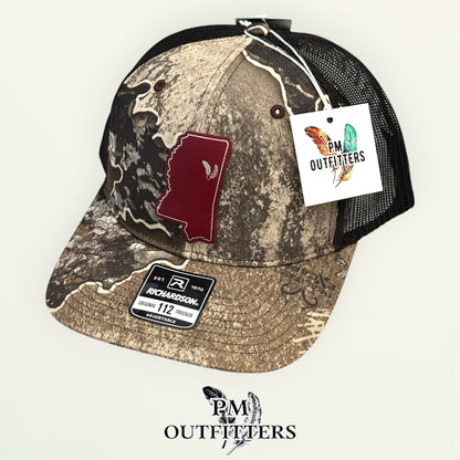 PM Outfitters Mississippi State Tailgate Season maroon vegan leather patch Richardson 112 Realtree Excape camo trucker hat
