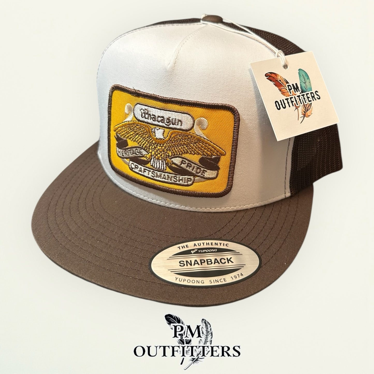 Ithaca Gun Company Trucker Hat — PM Outfitters Heritage Patch | Yupoong Flat Bill White Brown Firearms Heritage