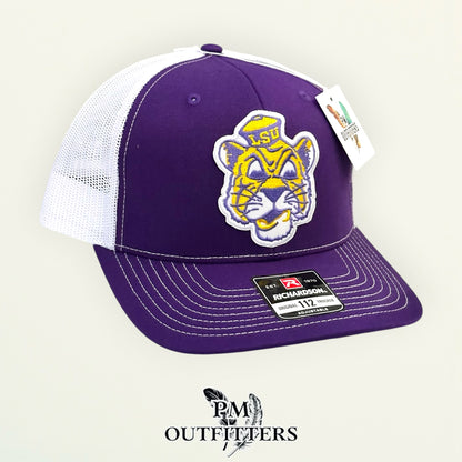 PM Outfitters LSU vintage tiger mascot embroidered patch Richardson 112 purple white trucker hat