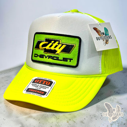 City Chevrolet Trucker Hat – PM Outfitters Days of Thunder Patch | Otto Foam Front Neon Yellow & White