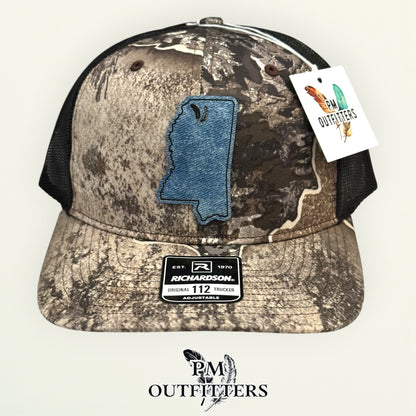 PM Outfitters Ole Miss Tailgate Season denim blue textured vegan leather patch Richardson 112 Realtree Excape camo trucker hat